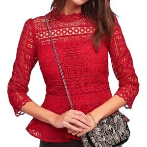 Moulinette Soeurs Tamera Geometric Lace Peplum Top 3/4 Sleeves Red 0